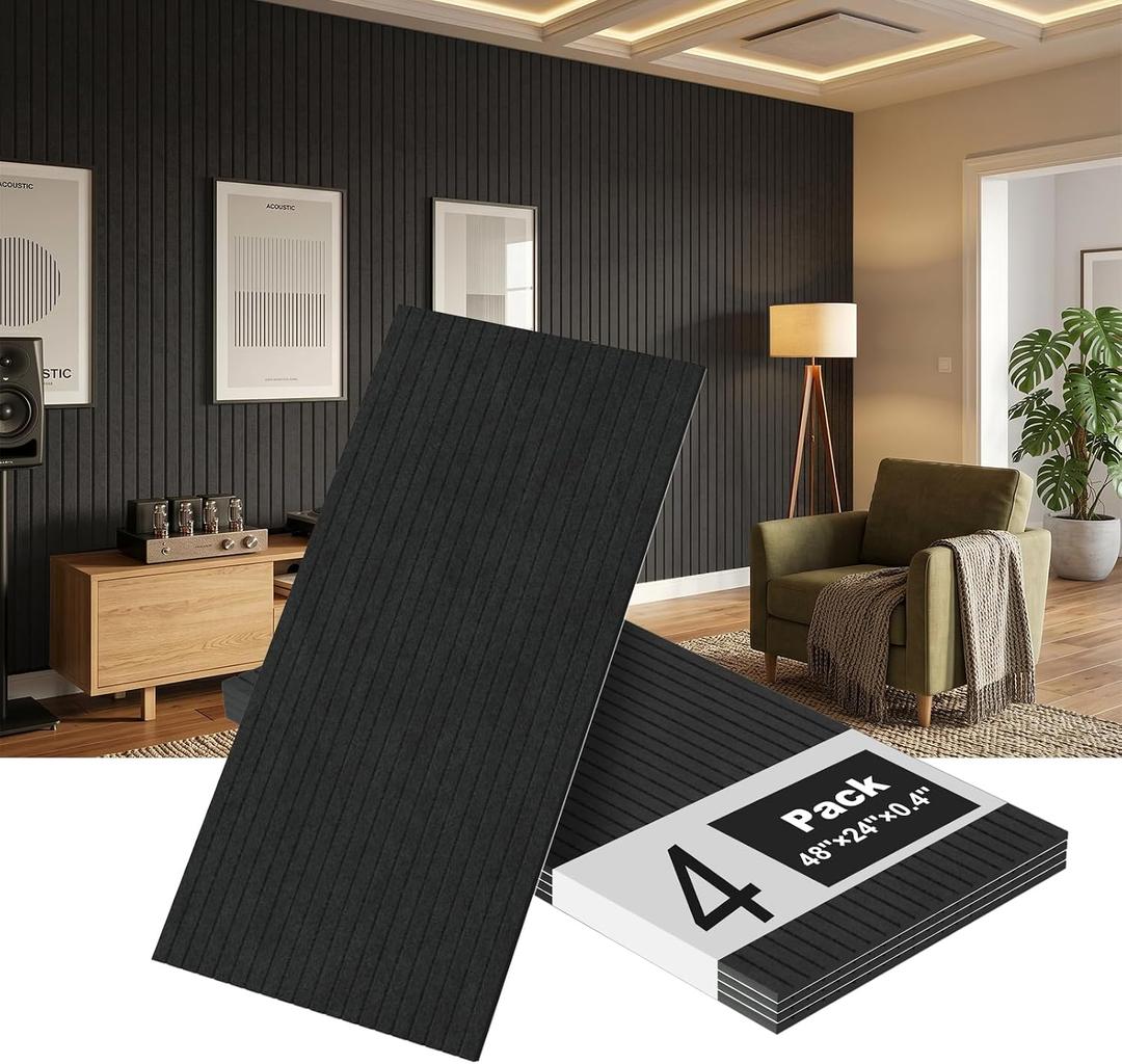 4 Pack Black Acoustic Wall Panels, 48 x 24 Inch Large Sound Dampening Panel | Decorative Self-Adhesive Sound Proof Panels for Recording Studio, Home, Office, Theater
