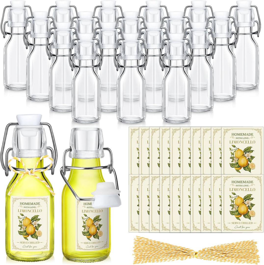 Havawish 20 Sets 4 oz Limoncello Bottles Swing Top Glass Bottles for Homemade Clear Flip Top Mini Limoncello Bottle with Labels Airtight Cap Lids for Home Brewing Wedding Baby Shower Christmas Gifts