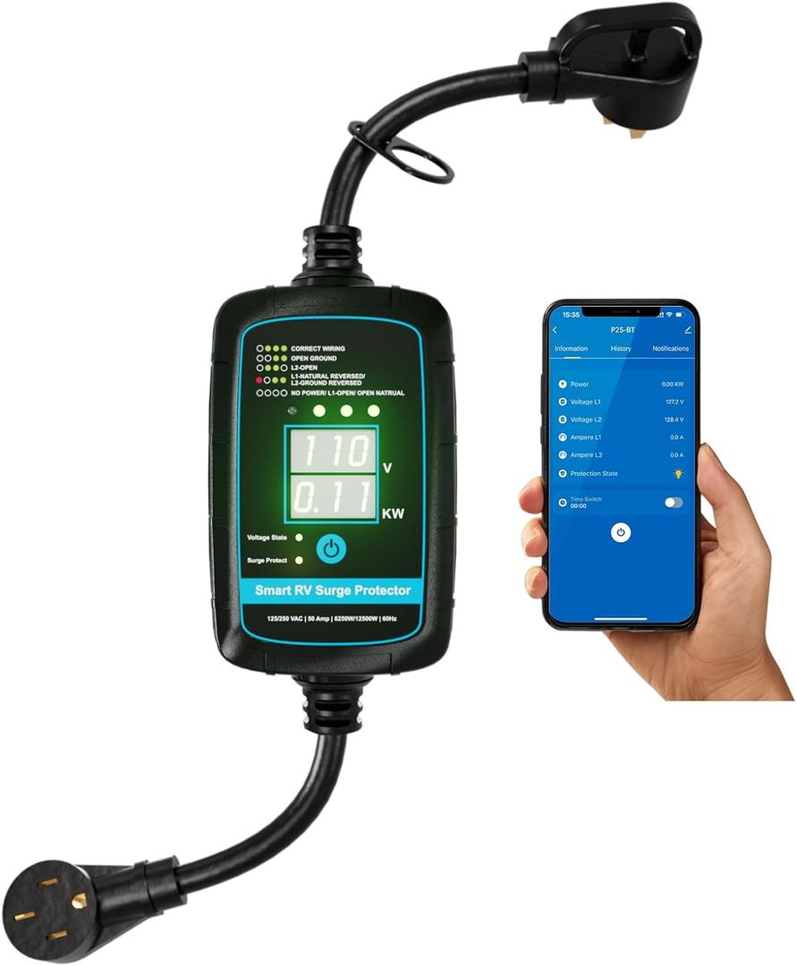 Portable RV Surge Protector 50 Amp - Smart RV Energy Monitor - Bluetooth Surge Protector with Auto Power Off 10000 Joule Portable RV Adapter Circuit Analyzer Portable Surge UL Listed Fault Detection