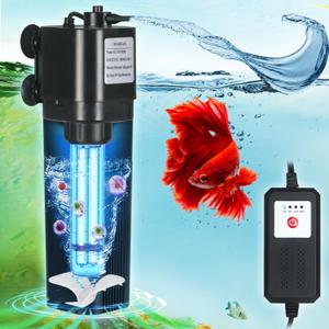 Aquarium U-V Filter for 40-75 Gal, 211 GPH Swirl Turbo Design Submersible Internal Turtle Fish Tank Filter w/Timer, Quiet Power Pump Air Supply Green Clean Machine Saltwater Freshwater Green Killing