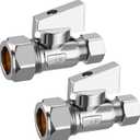 2 Pack Chrome Brass (1/2" Nominal Comp) 5/8" OD Comp x 3/8 Inch OD Compression Quarter Turn Water Straight Angle Stop Valve Shut Off