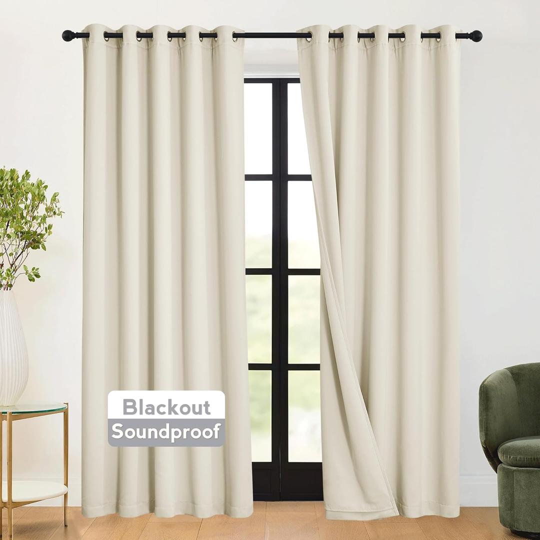 RYB HOME 3-in-1 Soundproof - Blackout - Energy Saving Room Divider Curtains, Extra Wide Window Curtains for Bedroom Living Room Loft Baby Nursery, Beige, Wide 62 x Long 84 inches, 2 Panels