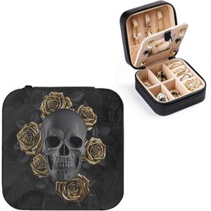 Black Skull with Gold Roses Small Travel Jewelry Case with Mirror Portable Black PU Leather Box Earrings Necklaces Rings Bracelets Storage Organizer Gift for Women And Girls