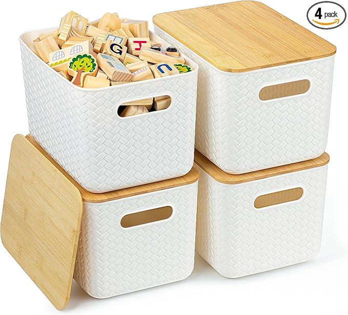 Ohmlove 4 Packs Storage Bins with Bamboo Lids  Plastic Storage Containers with Lids Stackable Storage Box：Storages Baskets for Organizing Desktop Closet Playroom Classroom Office,White