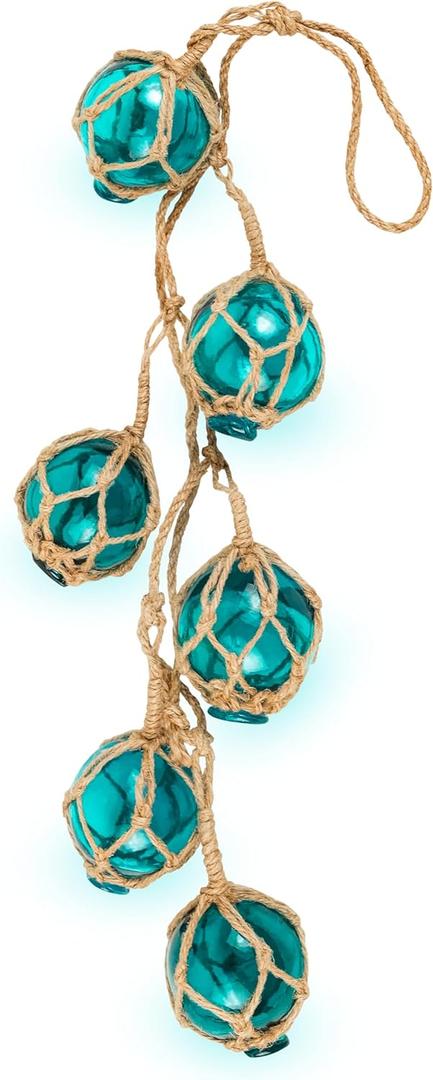 SAILINGSTORY Glass Fishing Float String of 6 Buoy Balls Summer Decor Nautical Coastal Beach Ornaments for Christmas Tree 2" Teal