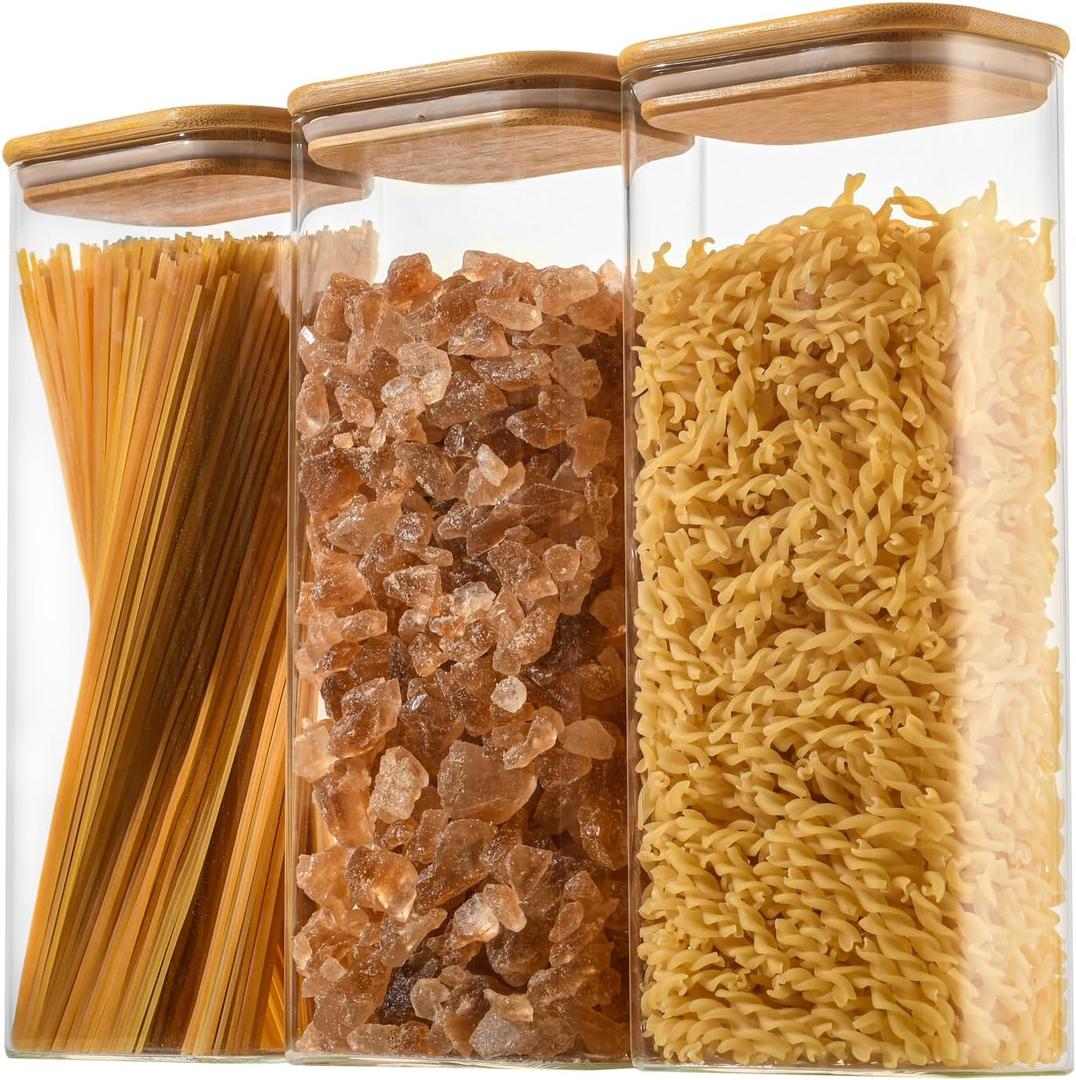 71oz Rectangle Airtight Glass Storage Containers with Bamboo Lids (Set of 3), Square Food Storage Jar, Pantry Organizers for Sugar, Flour, Spaghetti and Coffee beans (with Black Lable)