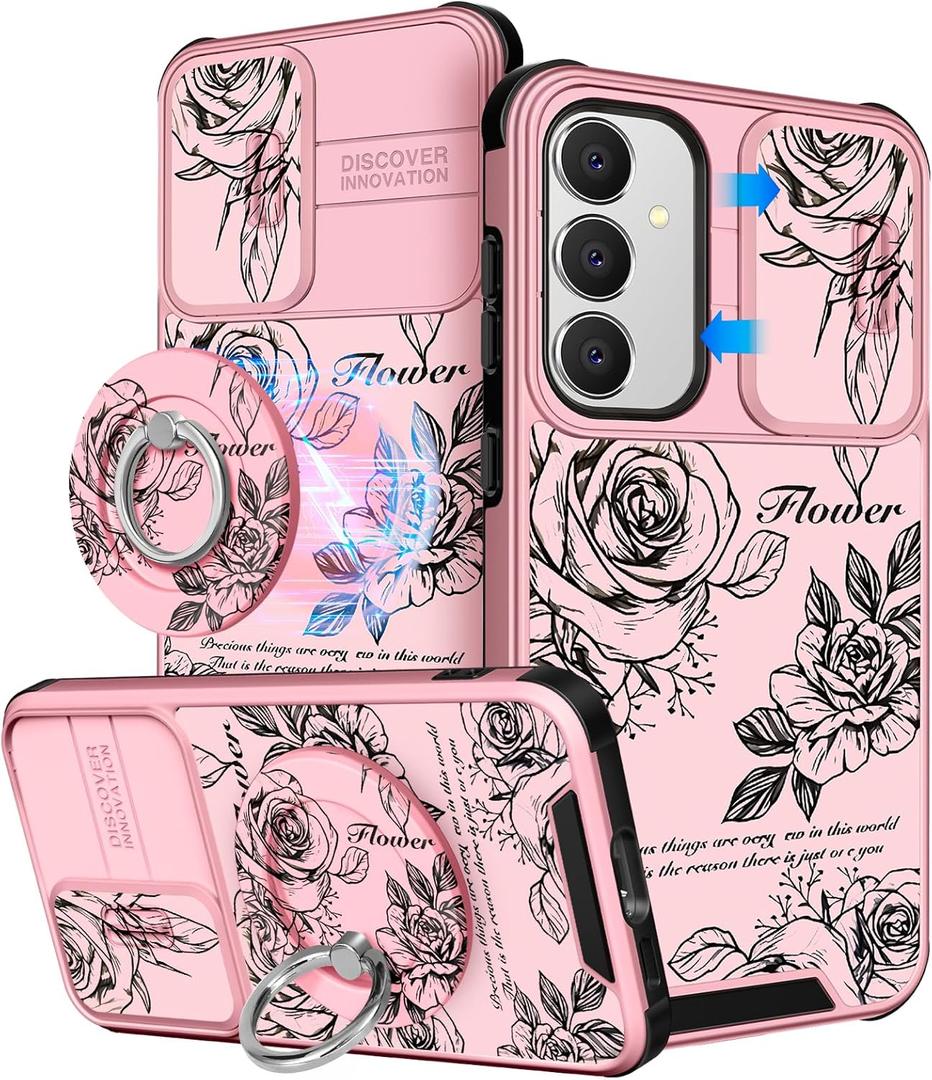 Buleens for Samsung Galaxy S24 Plus/S25 Plus Case - with Ring Stand & Camera Cover Aesthetic Cute Designed Women Girls Girly Kawaii Rose Flower for Samsung S24+/S25+ Phone Case Compatible with Magsafe