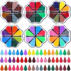 Jetec 6 Packs Petal Ink Pads Finger Ink Stamp, Rainbow Rubber Stamps Washable Waterdrop Shaped Stamp Pads for Card Making, Scrapbook, Painting (48 Colors)