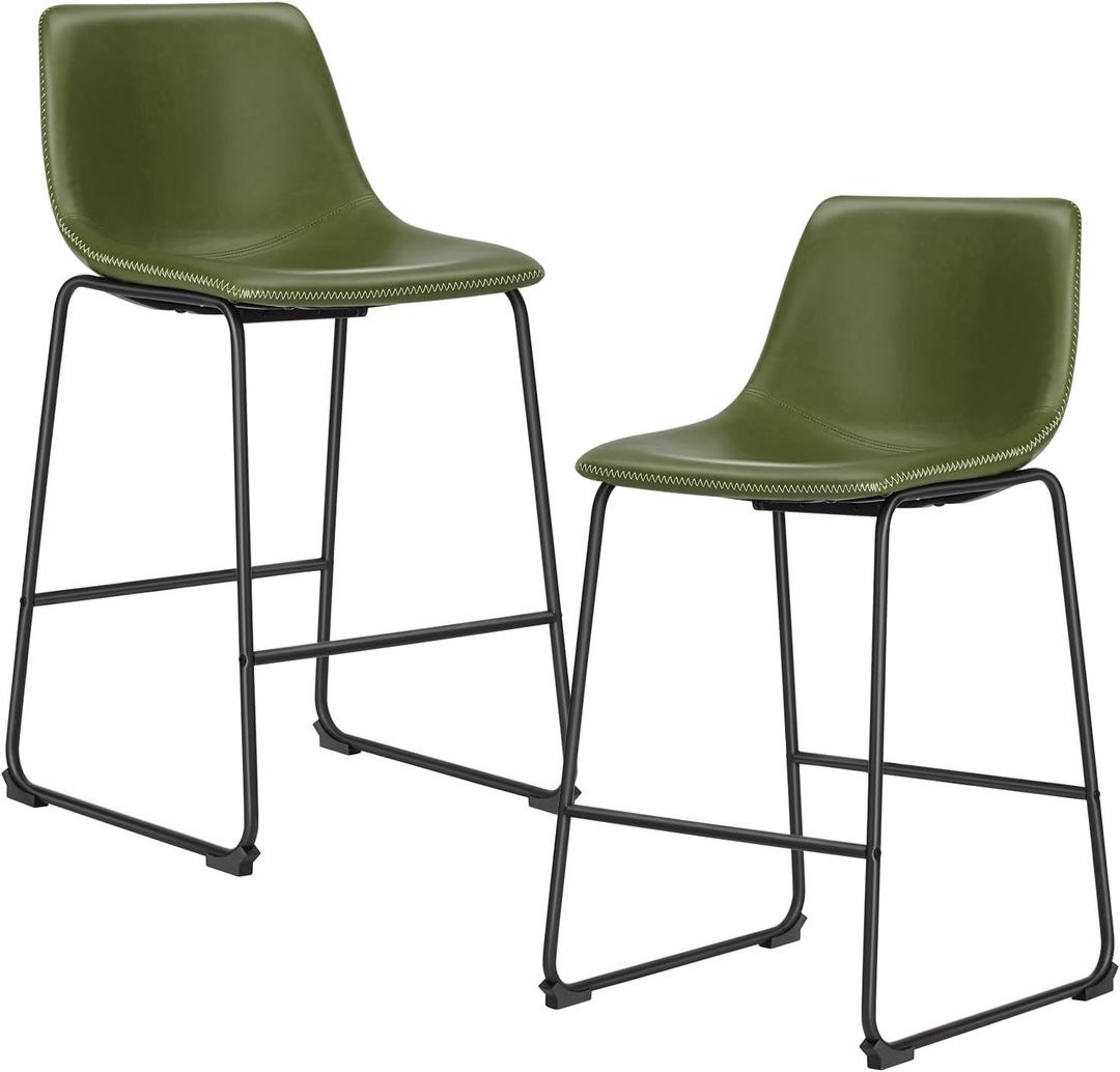 DUMOS Bar Stools Set of 2, 26 Inch Counter Height Faux Leather Barstools with Back, Modern Metal Leg Bar Chairs for Kitchen Island, Dining Pub Table, Home Bar, Green