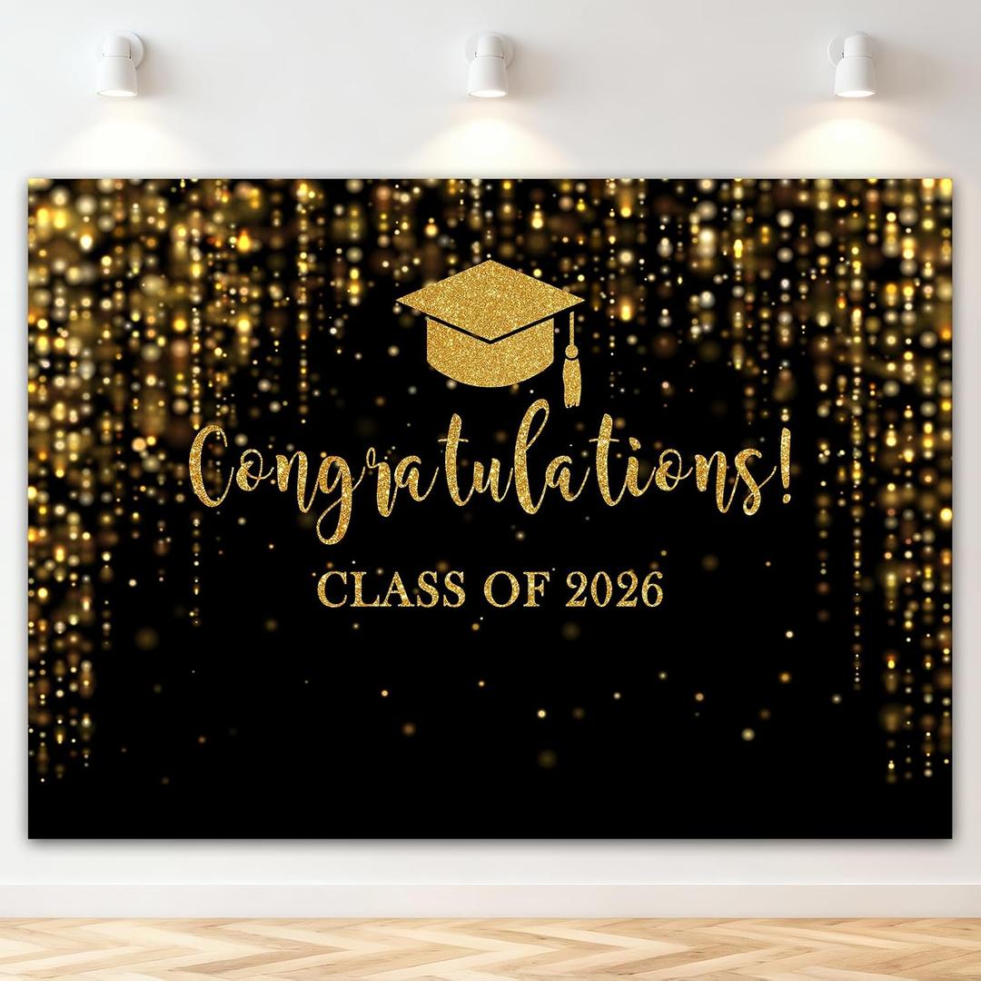 Class of 2026 Backdrop Black Gold Glitter Bokeh Graduation Party Background 2026 Congrats Grad Prom Party Cake Table Decoration Photo Booth Props (10x7ft)