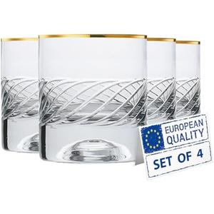 Biandeco Gold Rimed Whiskey Glasses | Set of 3| Handmade Etched Design, Heavy Base Old Fashioned Rocks Tumblers, Unique Lowball Bar Glassware for Drinking, 7 oz