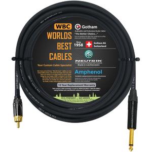 WORLDS BEST CABLES 35 Foot  TS to RCA Cable  Gotham GAC-1 Ultra Pro Low- Capacitance Instrument Cable & Neutrik NP2X-B & Amphenol ACPL-CBK Gold Plugs - Custom Made