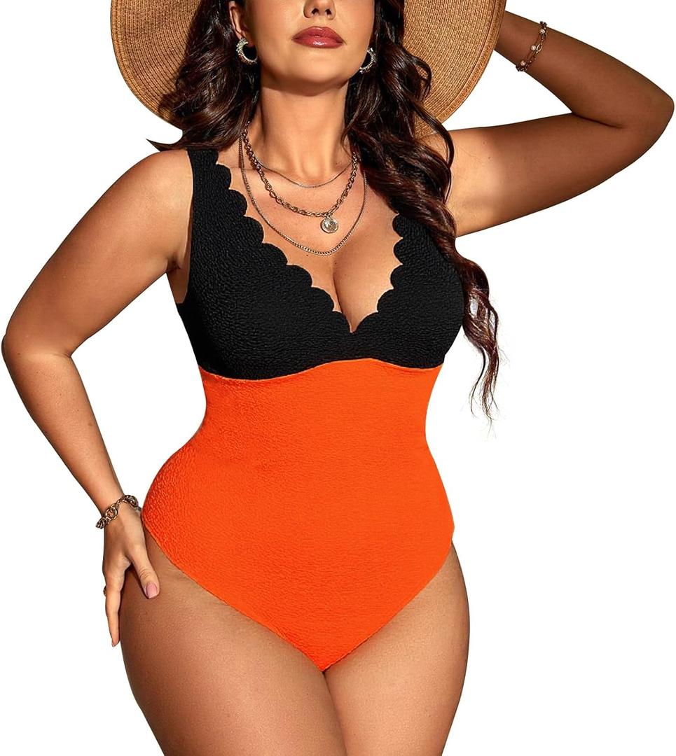 Womens One Piece Swimsuits-Sexy Deep V Neckline Tummy Control Bathing Suit Slimming Mesh Swimwear  (Medium Plus, Orange + Black)