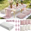 91x 71 Extra Large Outdoor Boho Picnic Blanket with 6 Throw Pillow Covers, Pink White Table Runner, 6 Napkins, 6 Napkin Rings, Cotton Yarn Oversize Beach Blanket for Outdoor Party Camp Wedding