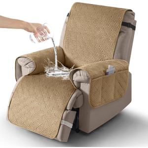 Timeles Velvet Recliner Chair Cover, 100% Waterproof Recliner Covers That Stay in Place with Pocket for Pets & Dogs (Large: 28", Khaki)