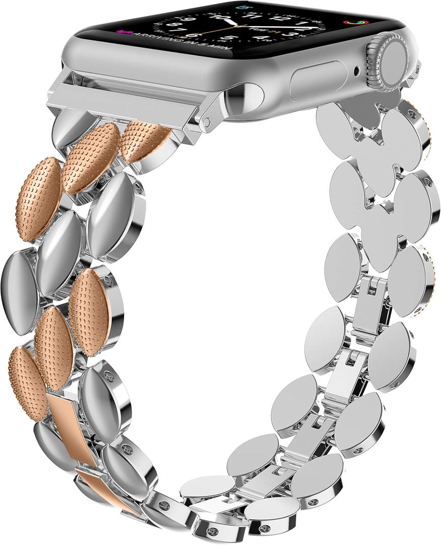 Moolia Elegant Metal Strap Compatible with Apple Watch Band 42mm 44mm 45mm 46mm Metal Fashion Women Replacement Strap Bracelet for iWatch Series 11/10/9/8/7/6/5/4/3/2/1/Ultra(1/2/3) Rose Silver