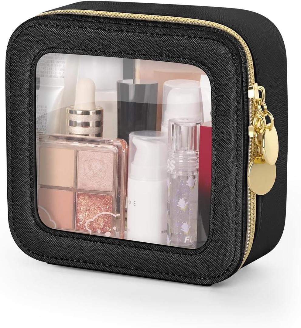 Soimeat Clear Makeup Bag, Portable Travel Cosmetic Bags, Multipurpose Leather Toiletry Bag with Zipper, Waterproof Transparent Cosmetic Organizer for Women, Mini, Black