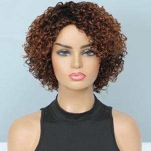  Ombre Glueless Wig - Short Curly Human Hair Wigs For Black Women - Copper Brown - Non Lace - Side Bangs Piano Color Side Part (P 4/Copper) 