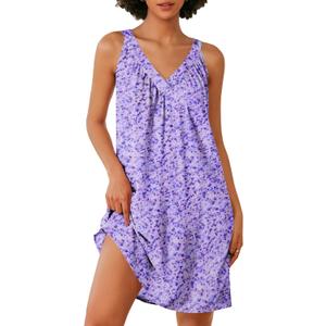 Ekouaer Nightgown for Women Sleeveless Sleepwear Lightweight Racerback Sleep Shirt Pleated V Neck Night Dress Short Chemise (Large, Blue White Spots)
