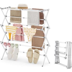 APEXCHASER Drying Rack Clothing - 3 Tier Metal Clothes Drying Rack Collapsible, Laundry Drying Rack Expandable, Small Clothe Airer for Baby Clothes Towel Bib Sock Indoor Outdoor Use(White)