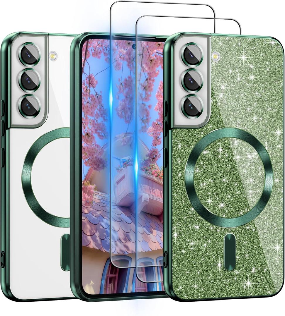 ATUMP for Galaxy S22 Case Compatible with MagSafe, [Glitter Card & 2PCS HD Screen Protectors] Cute Bling Sparkly [Never Yellowing], Slim Shockproof Anti-Scratch Soft Clear Case for Women, Green (Galaxy S22 6.1 inch)