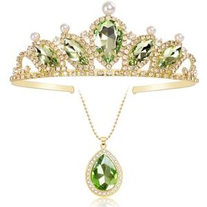 Princess Tiana Set Crown and Necklace Princess Tiana Birthday Outfit Halloween Party Fancy Green Crystal Tiara