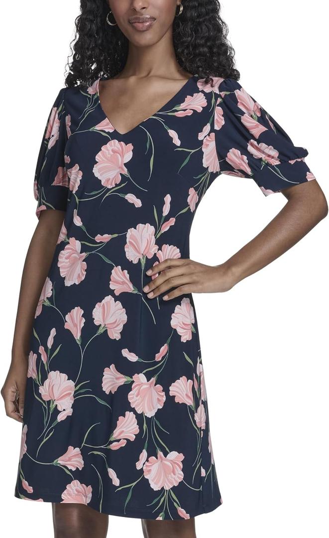 Tommy Hilfiger Women's Short Puff Sleeve V-Neck Shift Mini Dress, Size 12