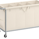 SONGMICS Laundry Basket with Wheels, 4-Section Rolling Laundry Hamper, 68.6 Gallons (260 L), Removable Liner, Steel Frame with Handle, 43.3 x 15.4 x 31.9 Inches, Cream White URLS014W01