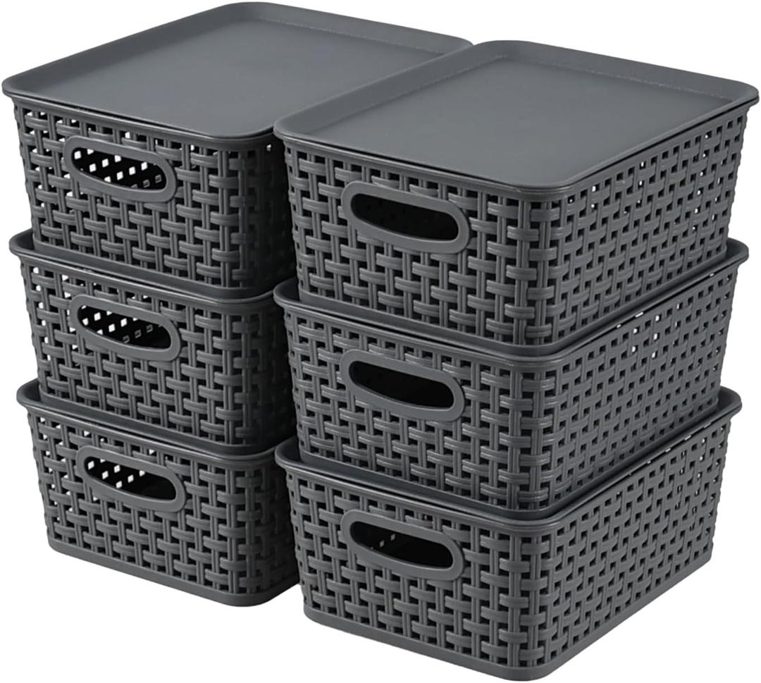 Bringer 6-Pack Plastic Storage Baskets Bins with Lid, Lidded Storage Organizer Baskets, Gray