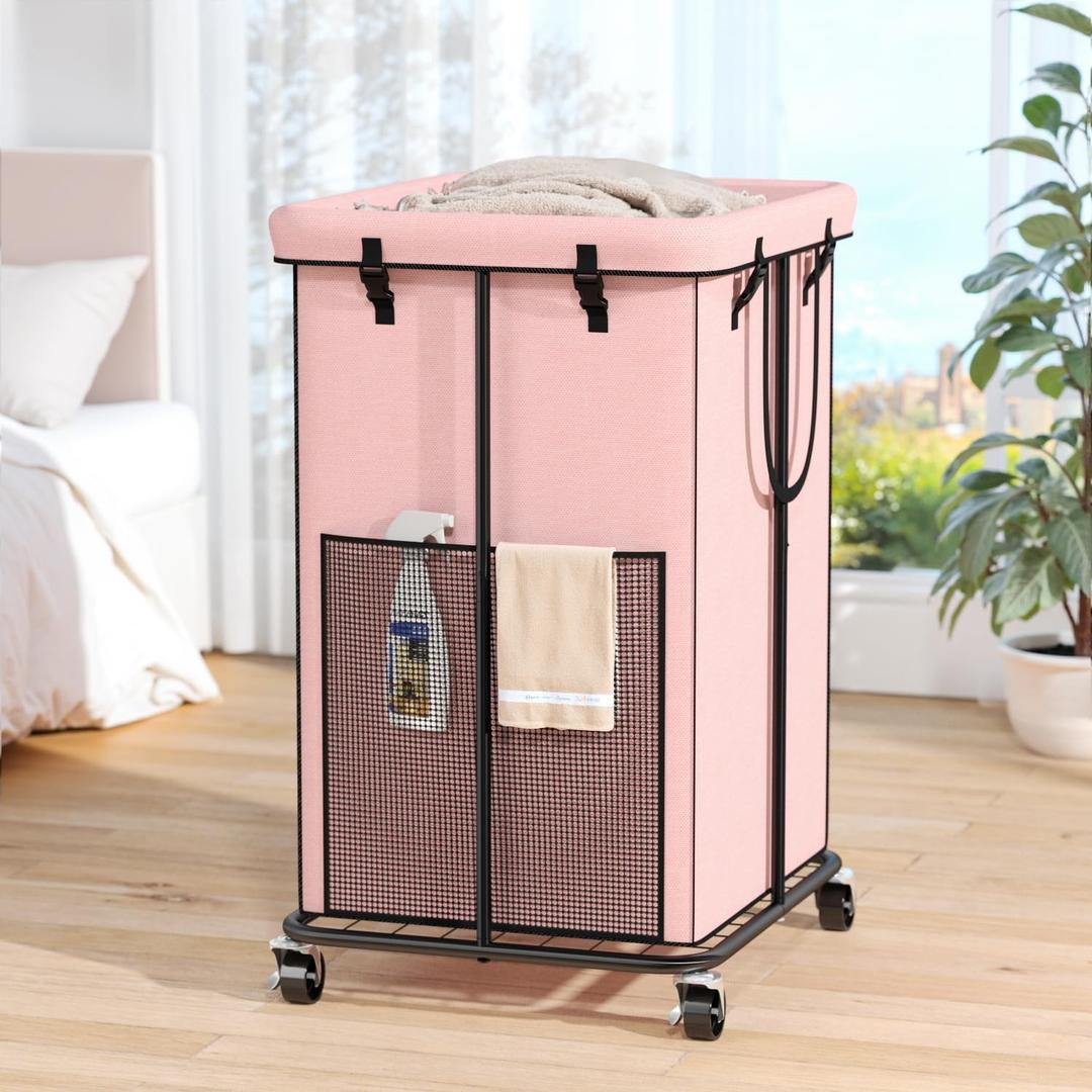 150L Laundry Hamper with Wheels, Rolling Laundry Basket with Metal Frame and Removable Bag, Large & Tall Dirty Clothes Hampers for Bedroom Aesthetic, Laundry Room, Bathroom, Dorm-Pink, 40GAL