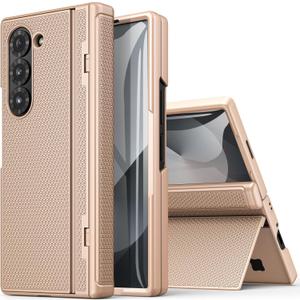 BXYJY for Samsung Galaxy Z Fold 6 Case, Slim Fit with Kickstand, Hinge Protection&Front Screen Protector, Rugged Hard 360 Full Body Cover Protective Phone Case for Samsung Z Fold 6 5g 2024, Gold