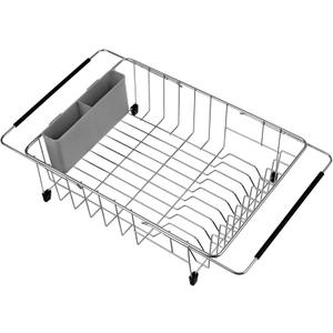 SANNO Deep & Large Dish Drying Rack Expandable Dishes Drainer Over The Sink Adjustable Arms Dish Drainer,Dish Rack in Sink or On Counter Utensil Silverware Storage Holder, Rustproof Stainless Steel (Gray)