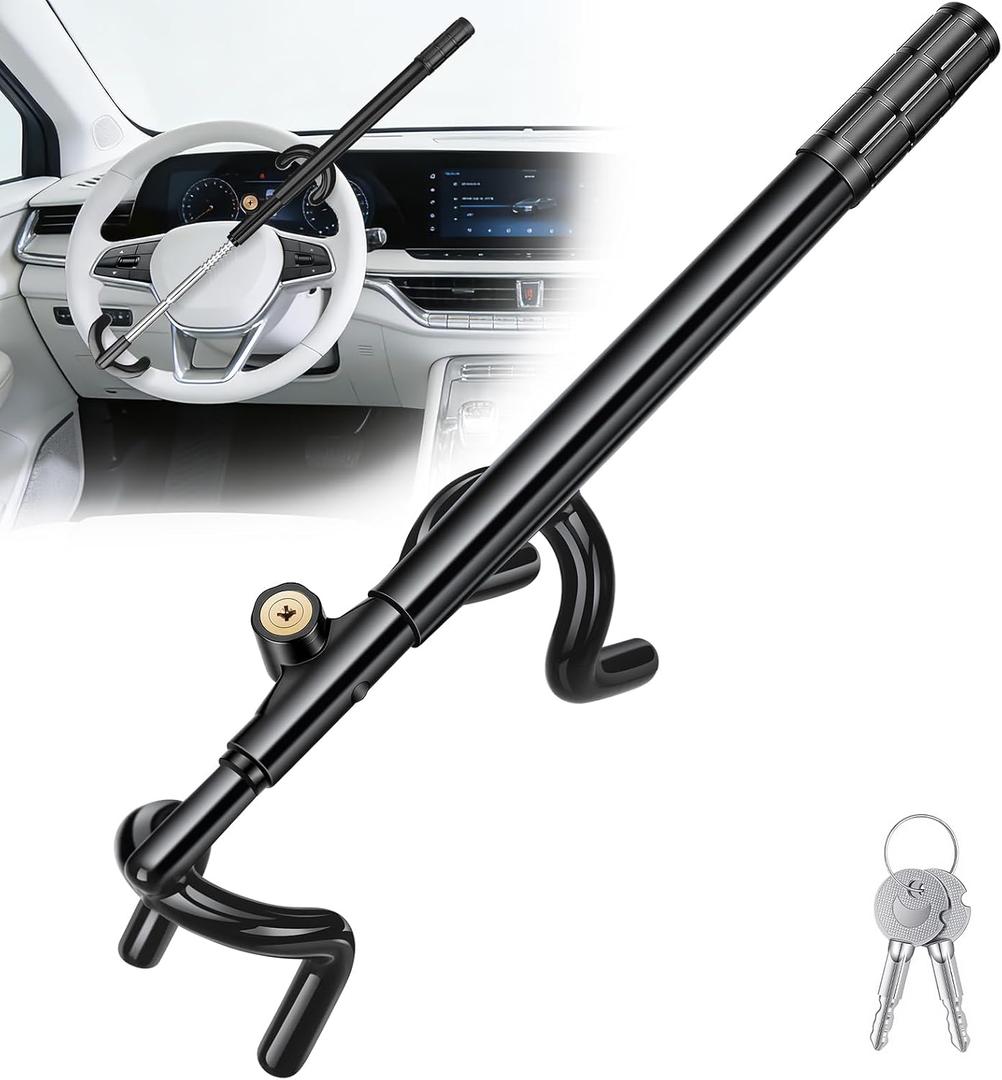 Steering Wheel Lock Anti-Theft Car Device with Adjustable Length Locking Universal Fit for Cars Trucks Vans and SUVs (Black)