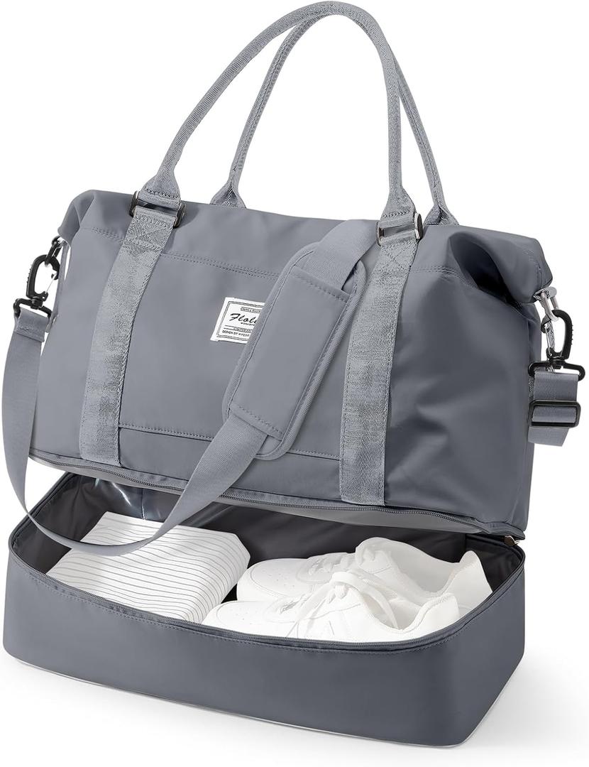 Travel Duffel Bag, 18x14x8 Inches Travel Bag Spirit with Shoes Compartment, Weekender Overnight Bag for Women with Trolley Sleeve, Carry On Bag for Airplanes Sport Tote Gym Bag SlateGrey (Large)