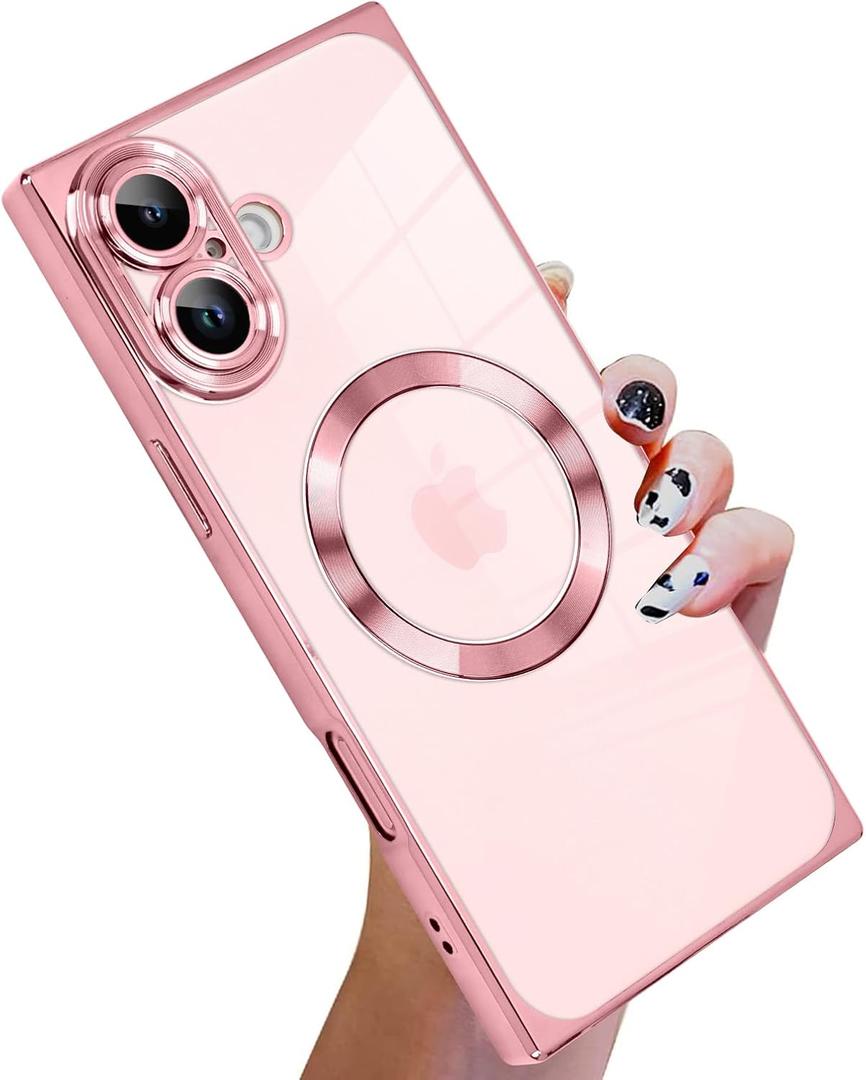 KANGHAR Phone Case Designed for iPhone 16 Magnetic Clear with Camera Lens Protector[Compatible with MagSafe] Luxury Cute Plating Design Full-Body Shockproof Protection Cover Pink