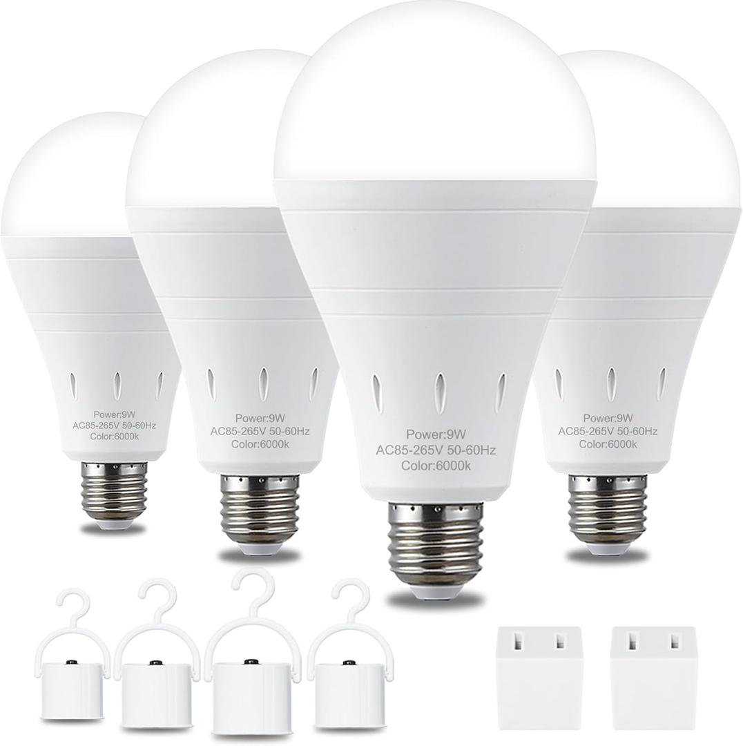 4 Pack Rechargeable Emergency Light Bulbs, Battery Powered LED Light Bulb 6000K Daylight E26 120 Volt 9W 60W Equivalent with 1200mAh for Home Power Outage Camping Hurricane