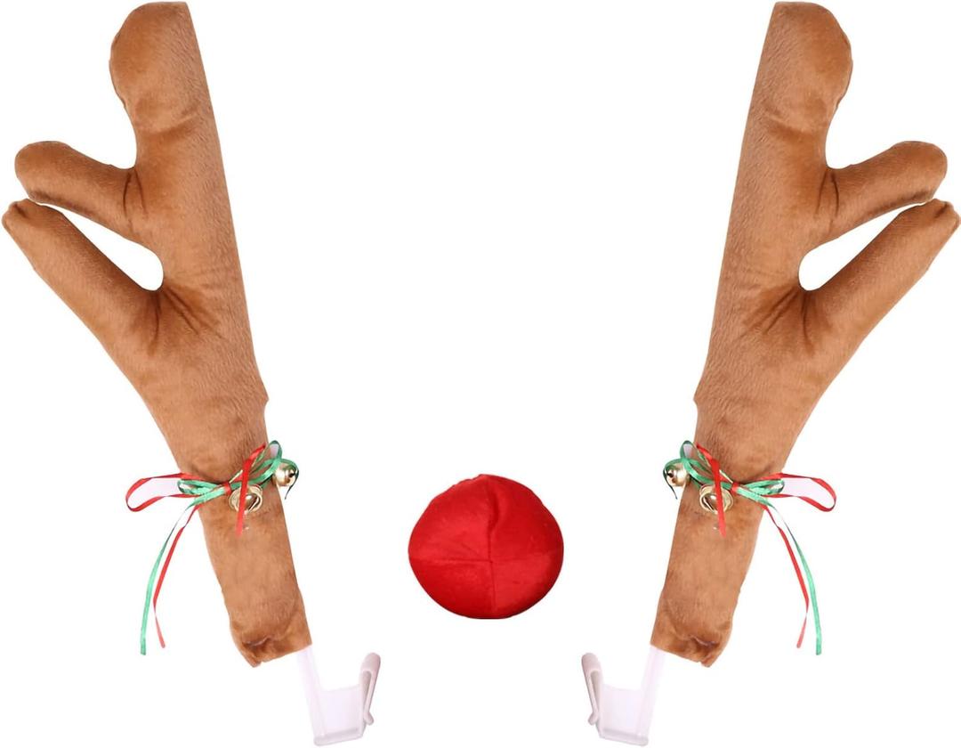 Tyenaza Christmas Car Decorations, Car Reindeer Antlers Nose Set Cute Funny Reindeer Car Set with Bells, Reindeer Car Kit Vehicle Accessories for Christmas Car Decoration (Khaki)