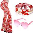 Tisancy 2 Pcs 60s 70s Outfit for Women Hippie Costume Set Disco Flared Pants Groovy Outfit Party Accessories, Size Large