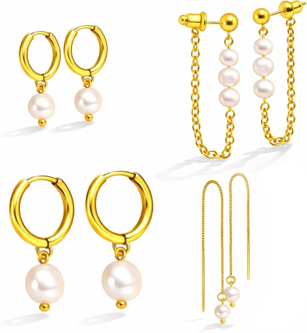 Pearl Earring Stacks for Women  Dainty 14K Gold Plated Hypoallergenic Hoop & Dangle Earrings Set