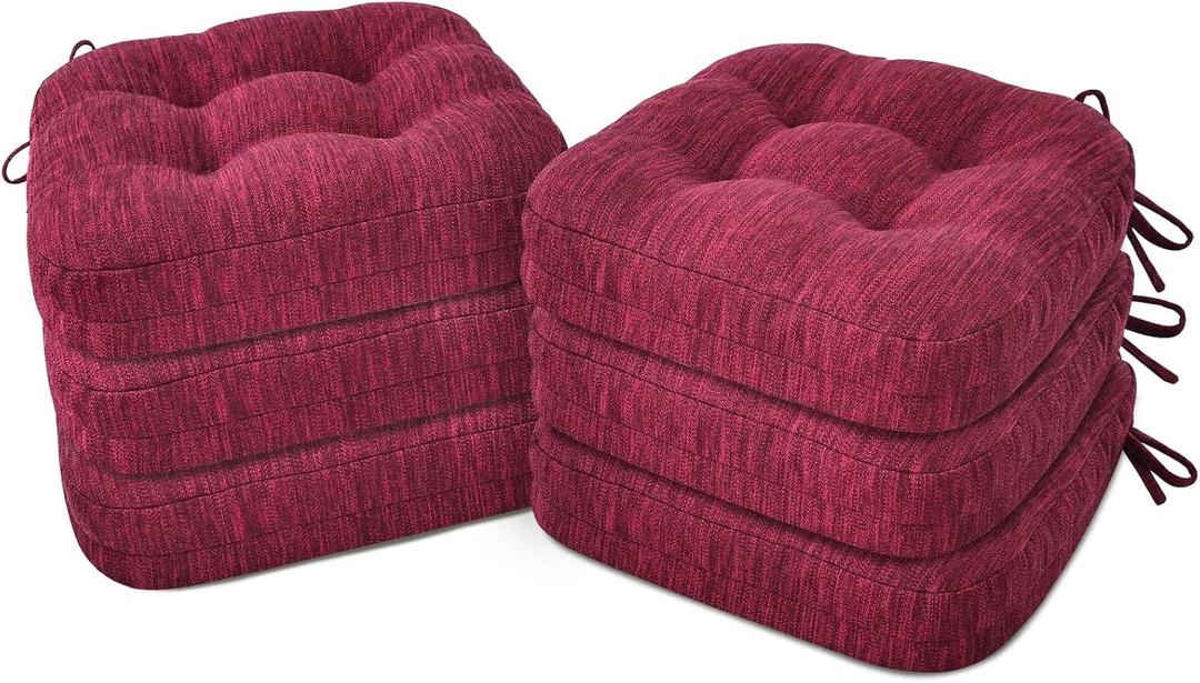 Shinnwa Kitchen Chair Cushions Set of 6, Dual-Layer Memory Foam Dining Chair Cushions, Patented Design Seat Pads with Ties, 16.5 x 16.5 x 3.5in, 6 Pack, Burgundy