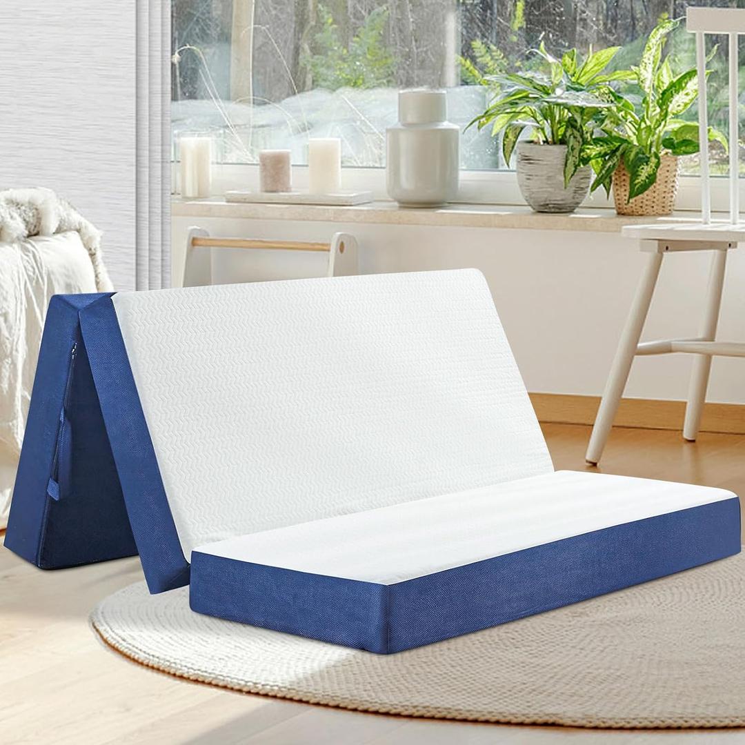 Foldable Mattress Queen Size, 6" Trifold Mattress Futon Murphy Bed, White Fiberglass-free Memory Foam Portable Mattress Futon Topper Queen with Breathable& Washable Cover, Floor Guest Bed,75"x58"x6"