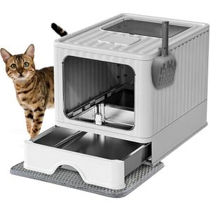 Stainless Steel Cat Litter Box With Lid, Top & Front Entry Enclosed Metal Litter Box, Large Covered Drawer Type Foldable Cat Litter Pan With Litter Scoop & Mat, Easy to Clean,Odor Control (Grey)