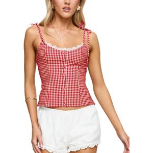 Women Y2K Gingham Plaid Tank Top Lace Trim Sleeveless V Neck Cami Shirt Button Up Tie Shoulder Slim Straps Camisole (Small)