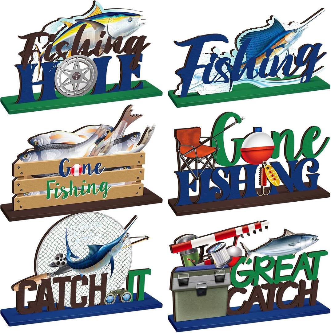 6 Sets Fishing Table Decor Summer 3D Fishing Table Decor Gone Fishing Party Wooden Fishing Theme Centerpieces Fisherman Friends Mas Party Decor for Birthday Baby Shower Party Decorations