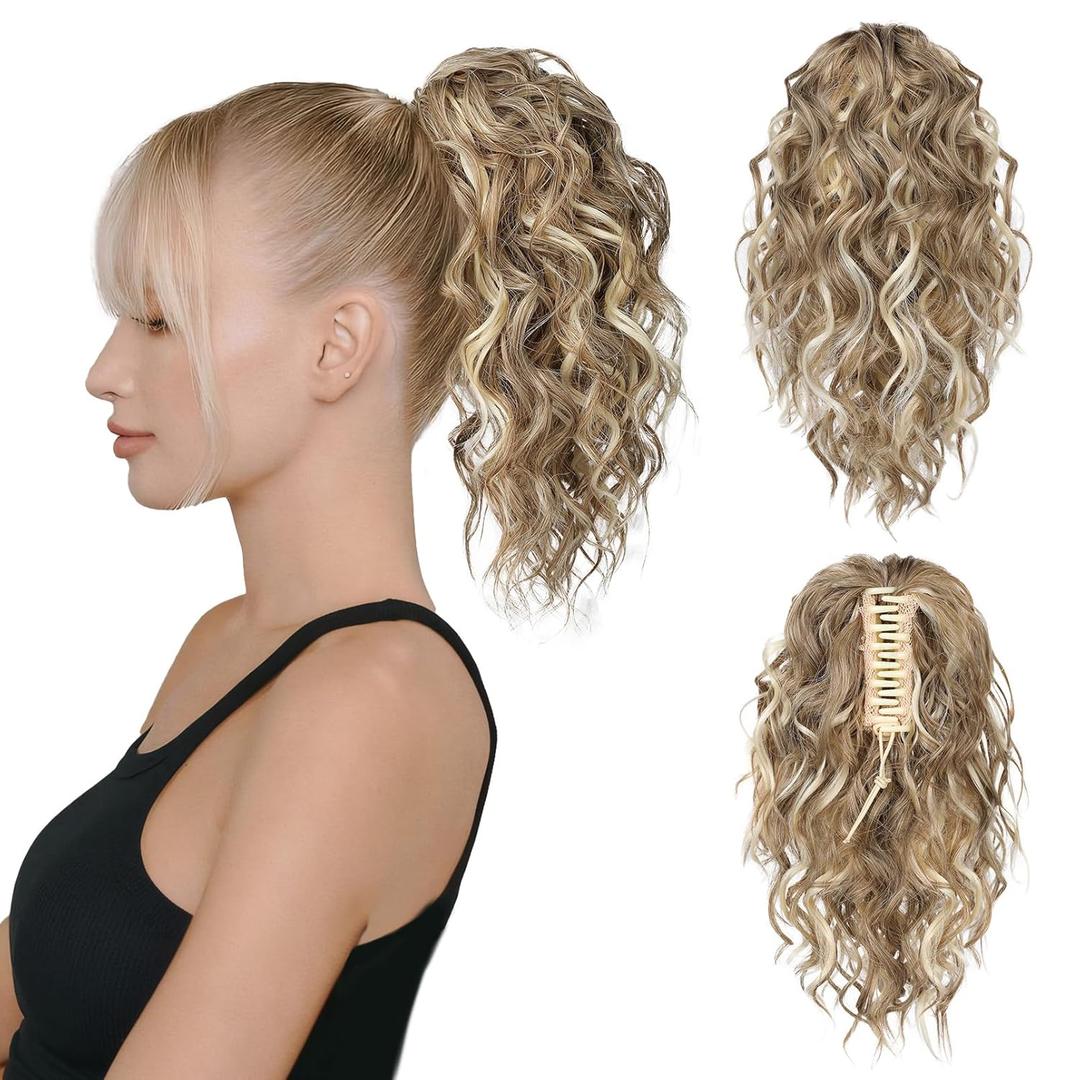 Flufymooz Ponytail Extension, 12" Short Claw Ponytail Extension Wavy Curly Jaw Clip in Pony tails Hair Extension Natural Synthetic Hairpiece for Women (Honey Blonde with Blonde Highlights) Flufymooz Ponytail Extension, 12" Short Claw Ponytail Extension Wavy Curly Jaw Clip in Pony tails Hair Extension Natural Synthetic Hairpiece for Women (Honey Blonde with Blonde Highlights)