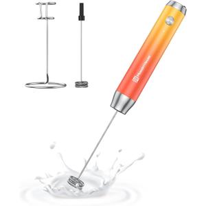 Maestri House Rechargeable Milk Frother with Stand, LunaFro Handheld Electric Foam Maker Waterproof Detachable Stainless Steel Whisk Drink Mixer Foamer for Lattes, Cappuccino (Gradient Orange)