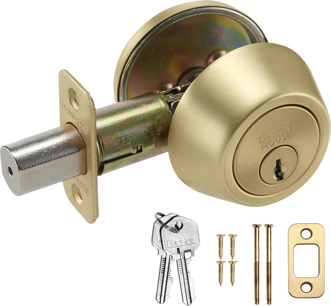 Design House Pro Deadbolt, Single Cylinder, 2-Way with Latch, Round Corner, Reversible, Satin Gold, 4.84 x 4.02 x 2.36 in, 728923 Design House Pro Deadbolt, Single Cylinder, 2-Way with Latch, Round Corner, Reversible, Satin Gold, 4.84 x 4.02 x 2.36 in, 728923
