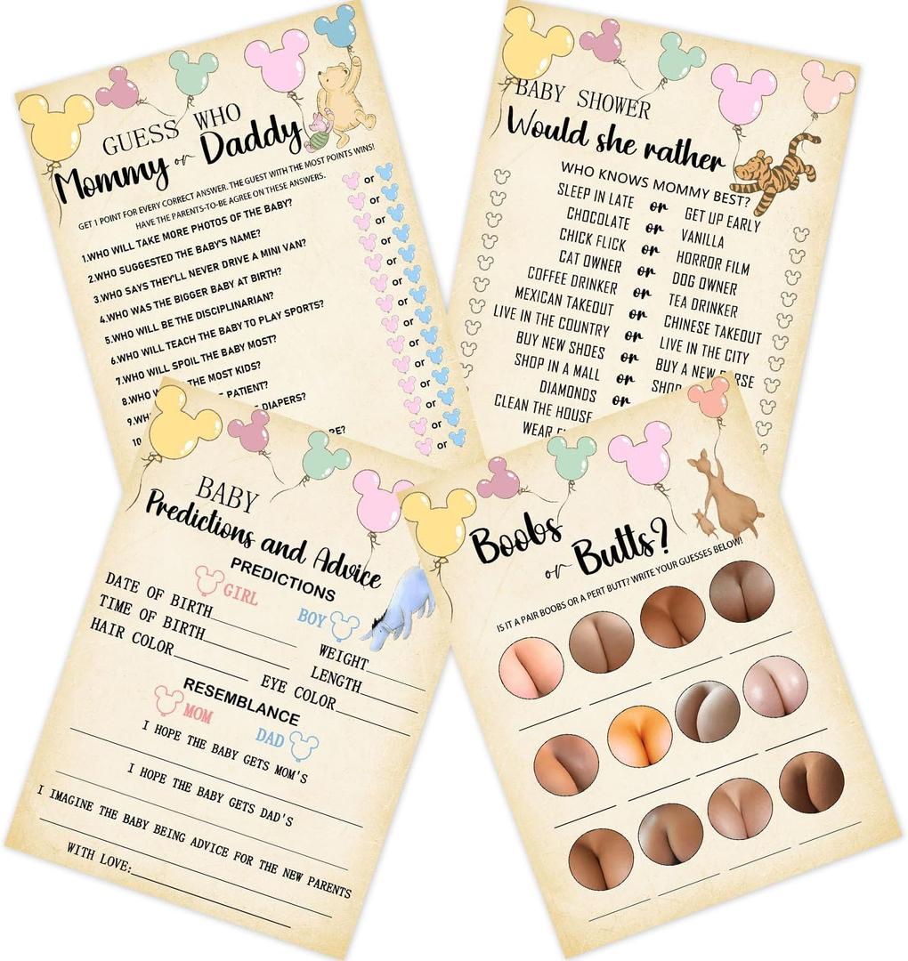 2 x Winnie Baby Shower Decorations, 8 Winnie Baby Shower Games, 60 Pcs (30 guests), Prediction and Advice, Would She Rather, Boobs or Butts,Guess Who Mommy or Daddy (Yellow)