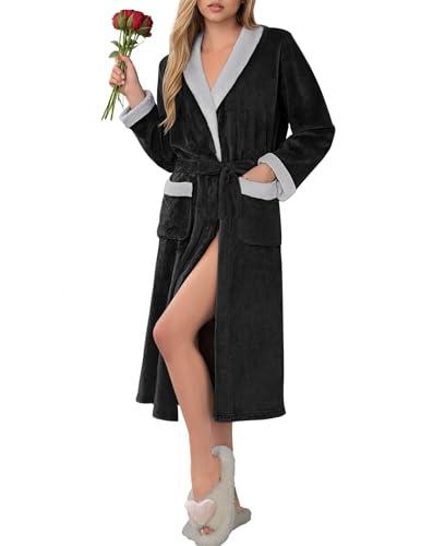 Ekouaer Robes for Women Soft Long Bathrobe Lightweight Fleece Shawl Collar Spa Robe Cozy Sleepwear with Pockets -XXL, Black/Light Gray