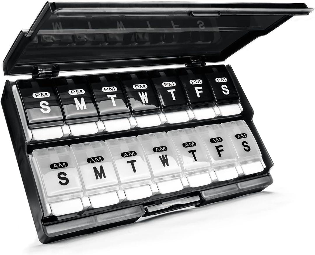Weekly Pill Organizer 2 Times a Day - Remtise Am/Pm Daily Pill Case Medicine Organizer, Push Button 7 Day Pill Box for Pills/Vitamin/Cod Liver Oil/Supplements (Black & White)